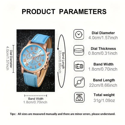 Fashion 5pcs women's quartz watch set, paired with blue butterfly jewelry - round zinc alloy case, PU leather strap