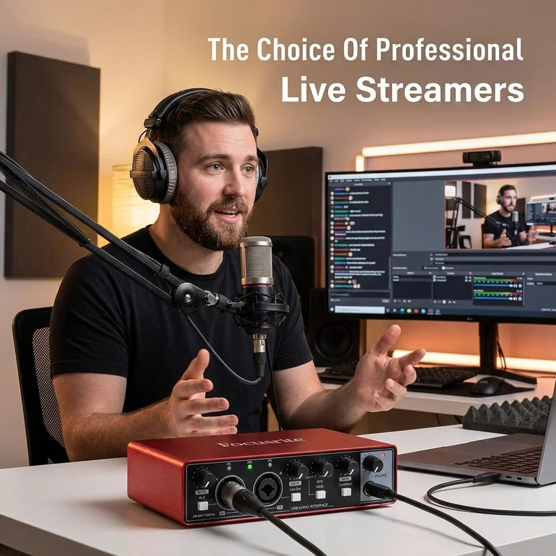 YAMNWEO MD21 Red USB Audio Interface Sound Card, 24Bit/192kHz Dual Channel Sound Card with Dual Inputs for Condenser Microphones & Guitars, Ideal for Live Streaming, Podcasting, Music Production and Live Performances