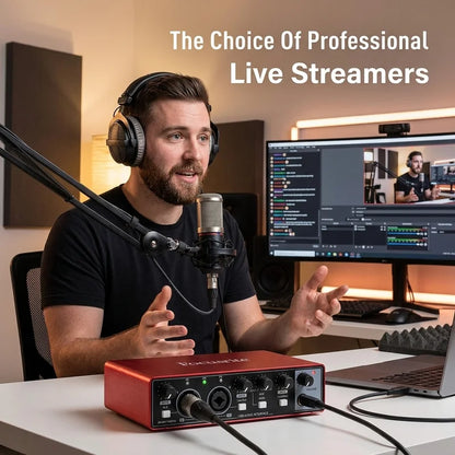 YAMNWEO MD21 Red USB Audio Interface Sound Card, 24Bit/192kHz Dual Channel Sound Card with Dual Inputs for Condenser Microphones & Guitars, Ideal for Live Streaming, Podcasting, Music Production and Live Performances