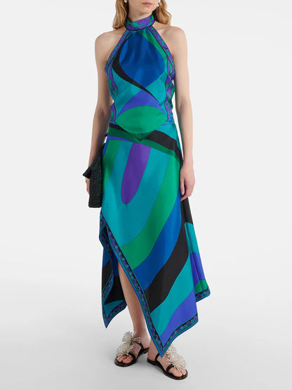 Irregular Satin Printed Sets Halter Neck Lace-up Tank Top Asymmetric Midi Skirt 2 Pieces Set 2026 Summer Casual Vacation Outfits