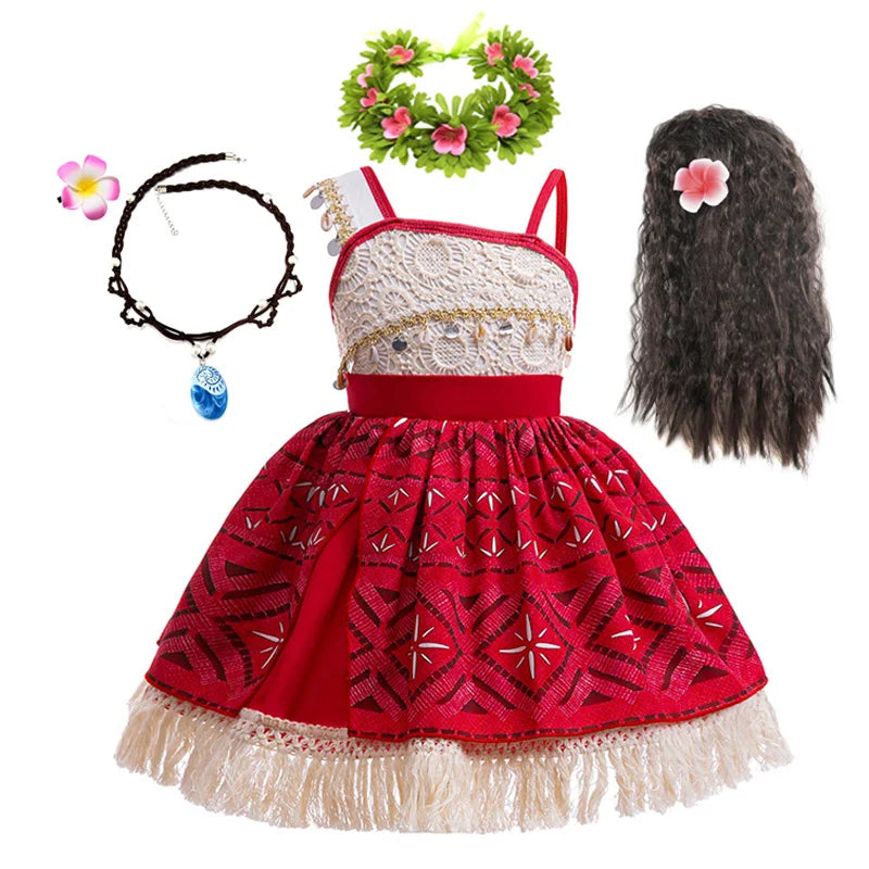 New Movie Moana 2 Dress for Girls Adventure Costume Girl Princess Fancy Clothes Children Vaiana Carnival Party Necklace Pig Set