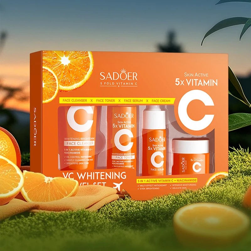 SADOER 5X Vitamin C Travel Skincare Set - Cleanser, Toner, Serum, Cream | Whitening Brightening Moisturizing Face Care Mini Kit