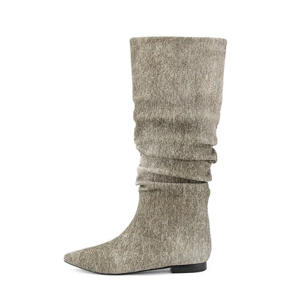 Silver Flat Bottomed Fashion Pleated Boots Big Size 36-47 Stone Grain Knee High Boots Pointed Denim Low Heels Sexy Women Shoes