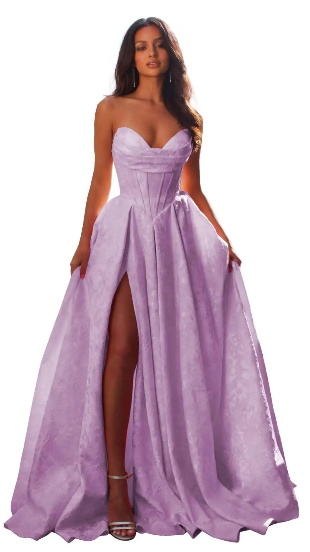 Jacquard Satin Prom Dresses with Slit Strapless Corset A Line Long Formal Gowns Party Evening Gown Formal Dress Women Elegant