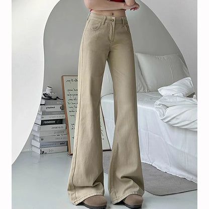 Female Classic Khaki Low Waist Flared Jeans Women Slim Fit Denim Trousers Girls Casual Fashion Thin Straight Leg Pants