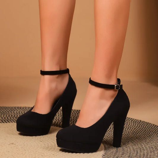 Spring Women Pumps Flock Sweet Thick High Heels Ankle Strap Female Platform Classic Round Toe Dress Cute Shoes Ladies Footwear