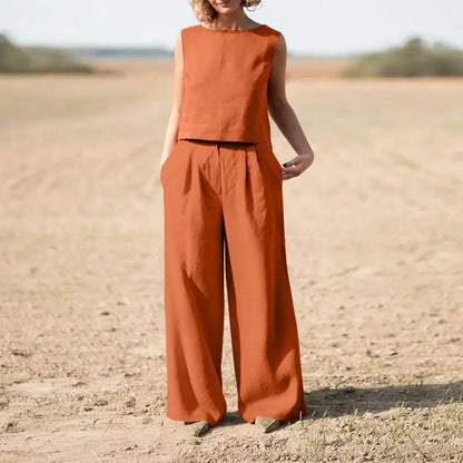 Summer Cotton And Linen Casual Outfits Female Fashion Solid Color Two-piece Set For Women Sleeveless Top Trousers Women's Suit