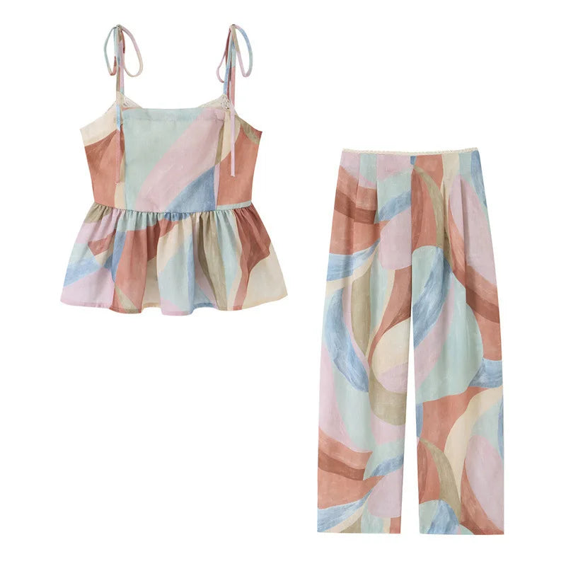 Beach Holiday Print Pants Sets Women Square Neck Sleeveless Lace Up Wide Legs Ruffles Suits Female 2026 Summer New Chic Outfits