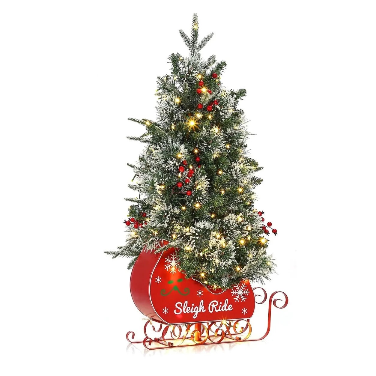 3‘ Artificial Christmas Tree Pre Lit Fiber Optic with 78 Warm White LED Lights 8 Mode Lighting Sleigh Ride Base USB Powered Battery Operated Tabletop Xmas Tree No Assembly