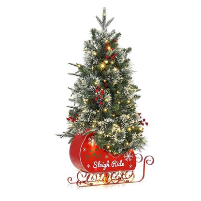 3‘ Artificial Christmas Tree Pre Lit Fiber Optic with 78 Warm White LED Lights 8 Mode Lighting Sleigh Ride Base USB Powered Battery Operated Tabletop Xmas Tree No Assembly