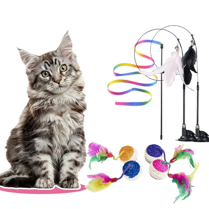 Interactive Cat Toy Handfree Cat Stick Kitten Rainbow Strips Stick Toy Suction Cup Feather Wand Pet Supplies Simulation Feather
