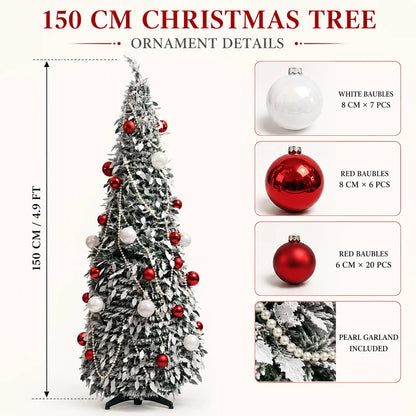 Flocked PVC Christmas Tree 1.5/1.8/2.1M Pre‑Attached Baubles, Foldable Xmas Tree with USB String Lights for Home Holiday Decor