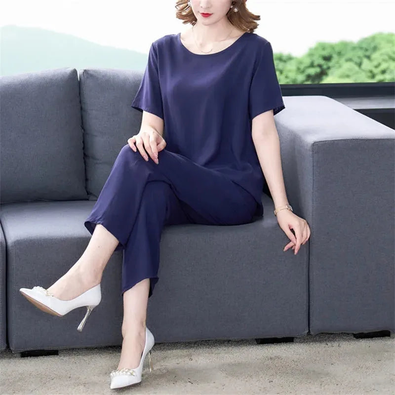 Cotton Silk Suit Summer Women's Sets New Casual Solid Color Short Sleeve Ankle-Length Pants 2 Piece Set Middle Age Mother Outfit