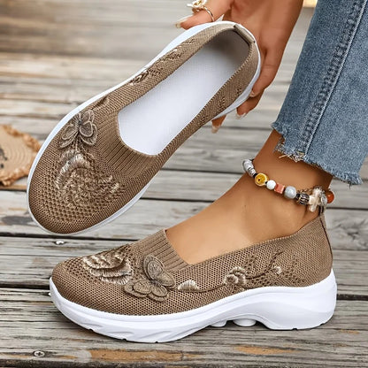 2026 Summer Women Breathable Knit Floral Embroidery Platform Loafers Slip On Walking Shoes Lightweight Soft Cushion Insole Anti Slip Wedge Sole Comfort Casual Daily Outdoor Travel Nurse Footwear Black Khaki Green Multiple Siz