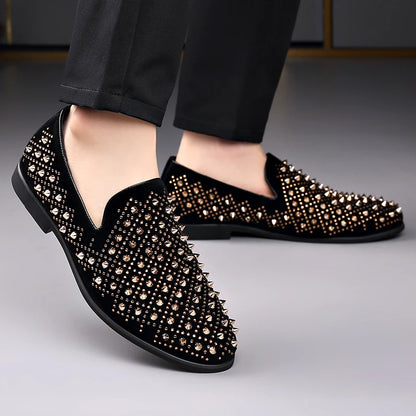 Black Rivet Shoes 48 Designer New Loafers Men's Pointed Punk Rock Rivets Business Casual Shoes Party Wedding Dress Homecoming Fo