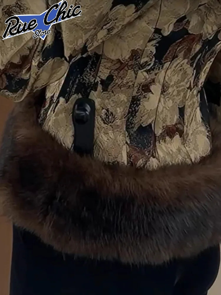 Floral Jacquard Faux Fur Trim Coat Women V Neck Single Button Full Sleeve Furry Cuff Jacket Lady Vintage Winter Warm Party Coats