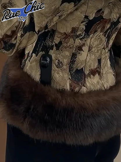 Floral Jacquard Faux Fur Trim Coat Women V Neck Single Button Full Sleeve Furry Cuff Jacket Lady Vintage Winter Warm Party Coats