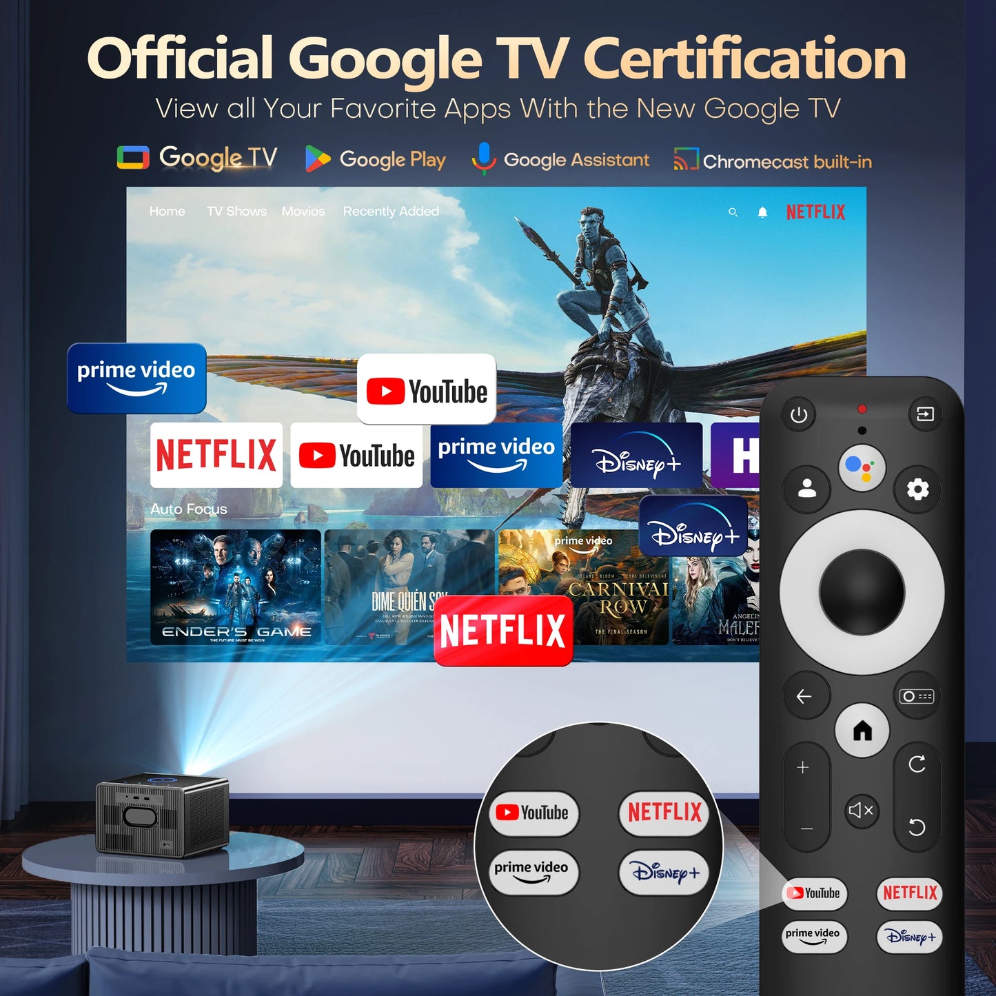 XIWBSY 4000ANSI Google TV Projector 4K Android 14.0 Sealed Optical Projector 52000Lumens WiFi6 Projector Google Voice Assistant