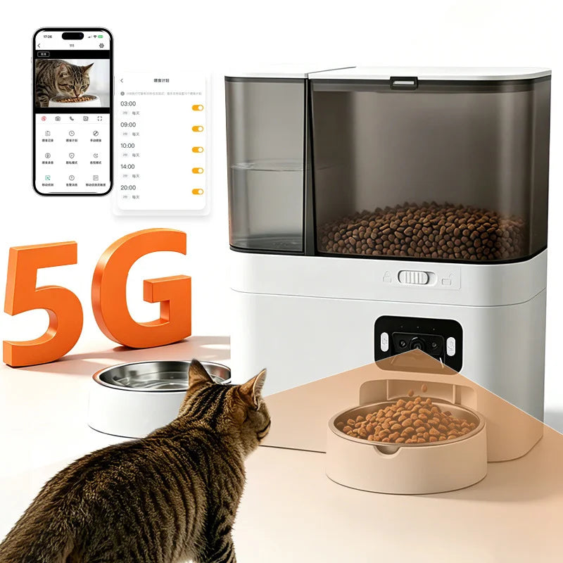 Pet Food and Water Dispenser 5L+3L Tuya APP Camera Automatic Cat Feeder Smart Pet Feeder for Cats Dogs Stainless Steel Bowl