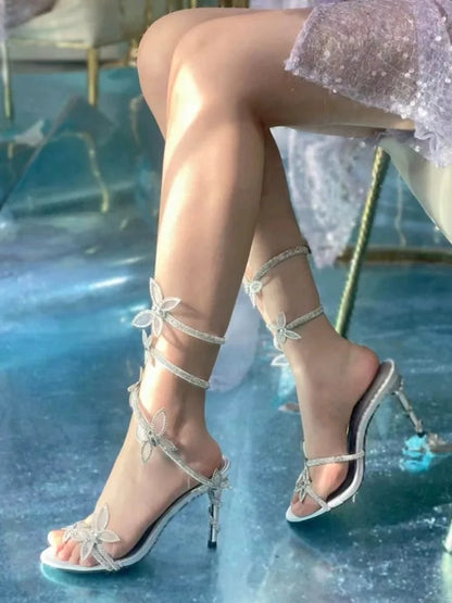 Luxury Crystal Embellished Butterfly Detail Women Sandals Sexy Coiled Strap Thin High Heels Gladiator Sandals Summer Party Shoes