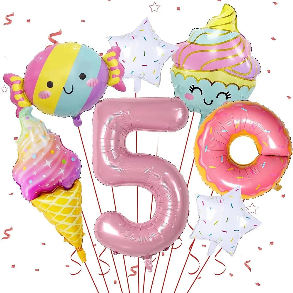 7pcs Ice Cream Balloons with 40 inch Number Doughnut Candy Dessert Food theme Aluminum Film Balloons Birthday Party Decoration