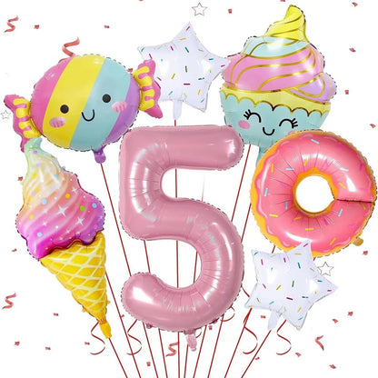 7pcs Ice Cream Balloons with 40 inch Number Doughnut Candy Dessert Food theme Aluminum Film Balloons Birthday Party Decoration