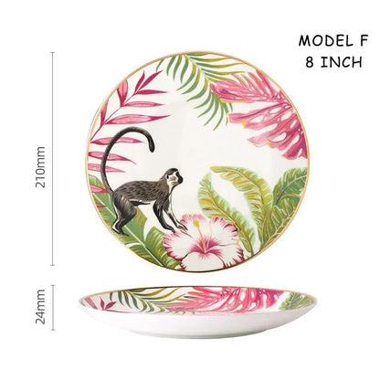 Dinnerware Set Colorful Forest Animal Design Plate Steak Tray Flat Ceramic Tableware 10inch Dish Christmas Gift Gold