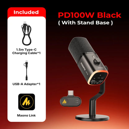 MAONO PD100W Wireless USB Dynamic Microphone Cardioid Microphone One-Touch Mute Noise Reduction RGB for PC Gaming Live Streaming