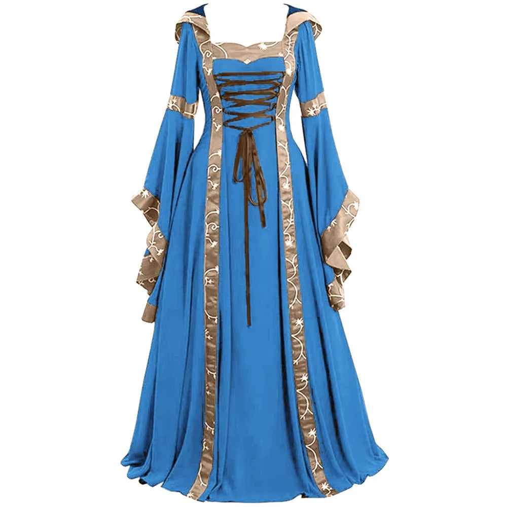 Women Medieval Floor Length Dress Cosplay Costumes Long Bell Sleeve Lace-Up Princess Long Dress Retro Gothic Dress Plus Size 5XL