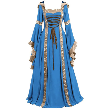 Women Medieval Floor Length Dress Cosplay Costumes Long Bell Sleeve Lace-Up Princess Long Dress Retro Gothic Dress Plus Size 5XL