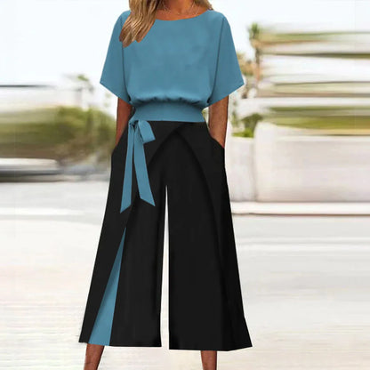 Women's Contrasting Two-piece With Solid Color Five Quarter Sleeve Top Fashionable Contrasting Lace Up Nine Quarter Pants Set