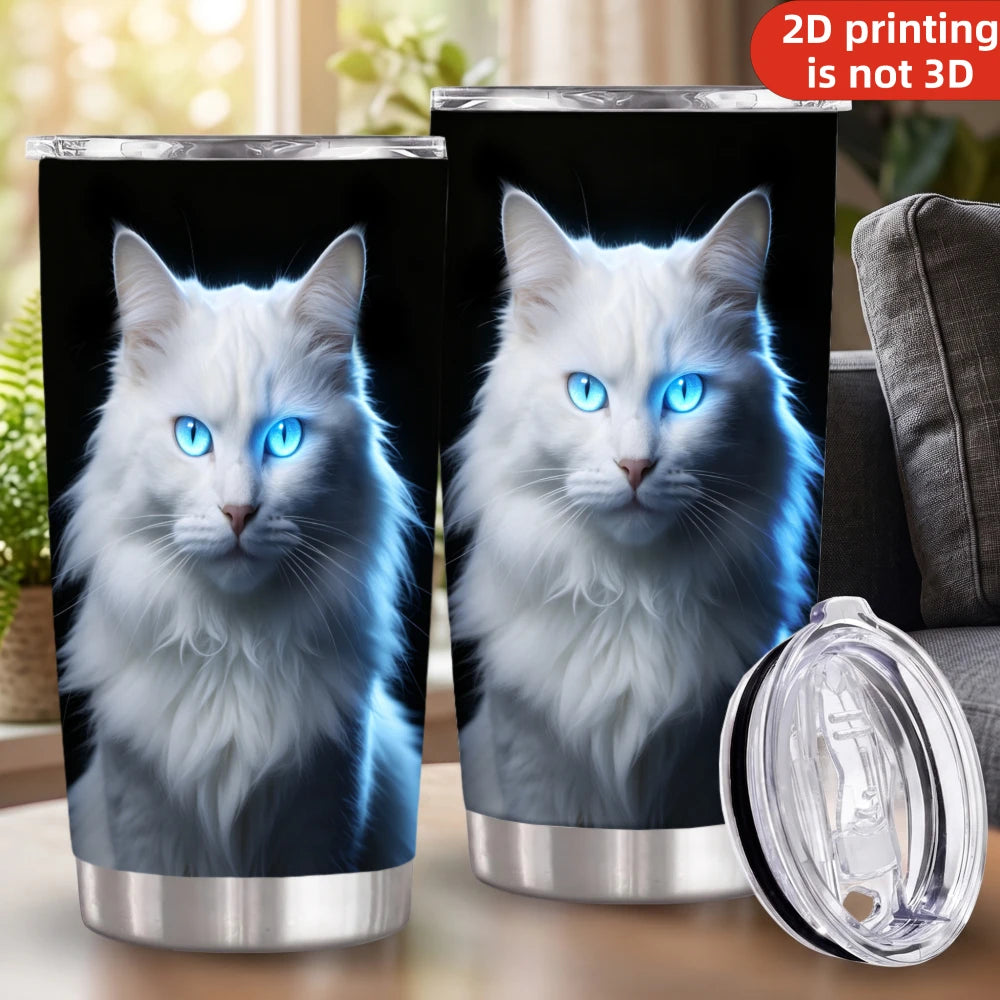 20oz Majestic White Cat Printed Stainless Steel Tumbler with Lid and Straw, Glowing Blue Eyes Fluffy Kitten Dark Portrait Pet Lovers Vacuum Insulated Travel Coffee Mug Gifts