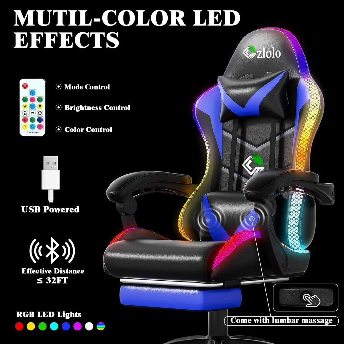 Gaming Chair, Racing Style RGB LED Lights Gaming Chairs for Adults and Kids, Lumbar Massager Gamer Chair, High Back Reclining Co