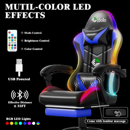Gaming Chair, Racing Style RGB LED Lights Gaming Chairs for Adults and Kids, Lumbar Massager Gamer Chair, High Back Reclining Co