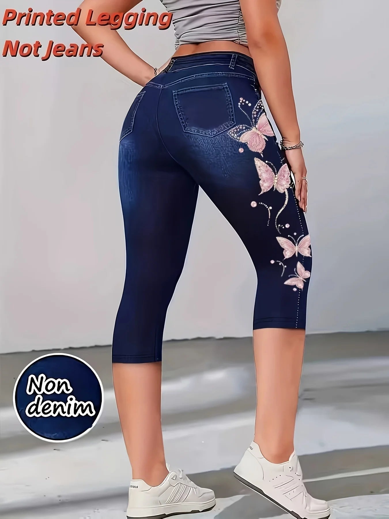Women High Waist Slim Fit Floral Print Fake Denim 7/8 Cropped Capri Pants, Suitable For Daily Casual & Sports Wear
