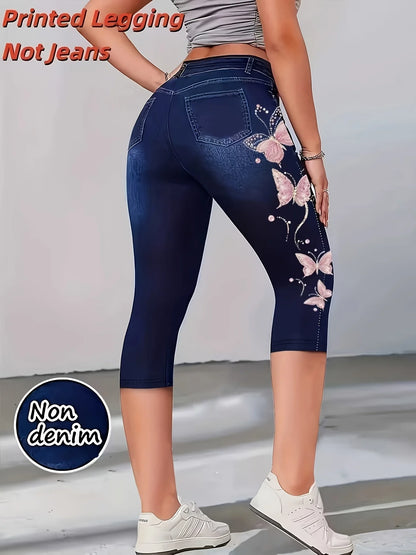 Women High Waist Slim Fit Floral Print Fake Denim 7/8 Cropped Capri Pants, Suitable For Daily Casual & Sports Wear