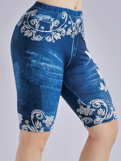 Lmitation Denim Leggings For Women Butterfly Waist Fruit Flower Elastic Shorts High Waist Casual