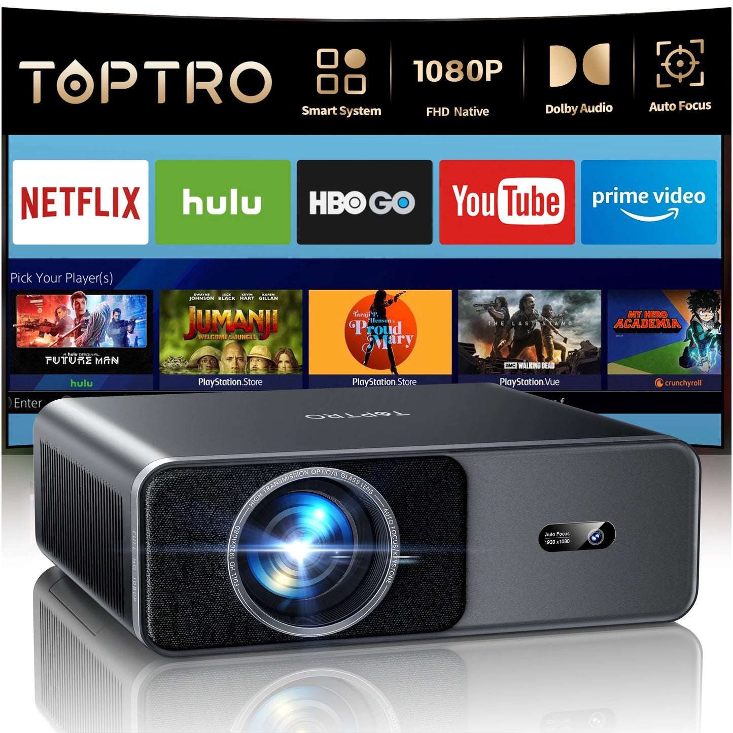 TOPTRO 4K Projector 1000ANSI Auto Focus/Keystone WiFi6 BT5.2 Full HD 1080p Smart Home Theater Movie Projector Official Netflix