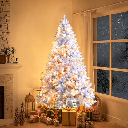 6FT Sliver Pre-Lit Artificial Christmas Tree Hinged Full Tree with Metal Stand 800 Branch Tips 300 LED Lights 11 Lighting Modes Holiday Decoration Tree for Indoor and Outdoor