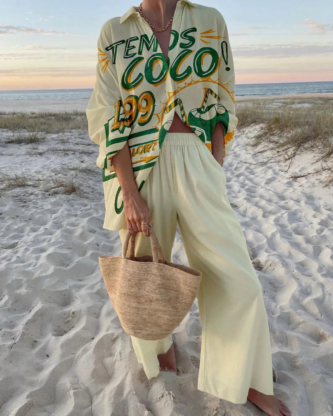 Fashion Print Beach Holiday 2-Piece Set Women Spring Summer Long Sleeve Shirt Top + Wide Legs Women's Oversized Two-Piece Outfit