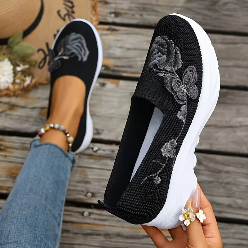 2026 Summer Women Breathable Knit Floral Embroidery Platform Loafers Slip On Walking Shoes Lightweight Soft Cushion Insole Anti Slip Wedge Sole Comfort Casual Daily Outdoor Travel Nurse Footwear Black Khaki Green Multiple Siz