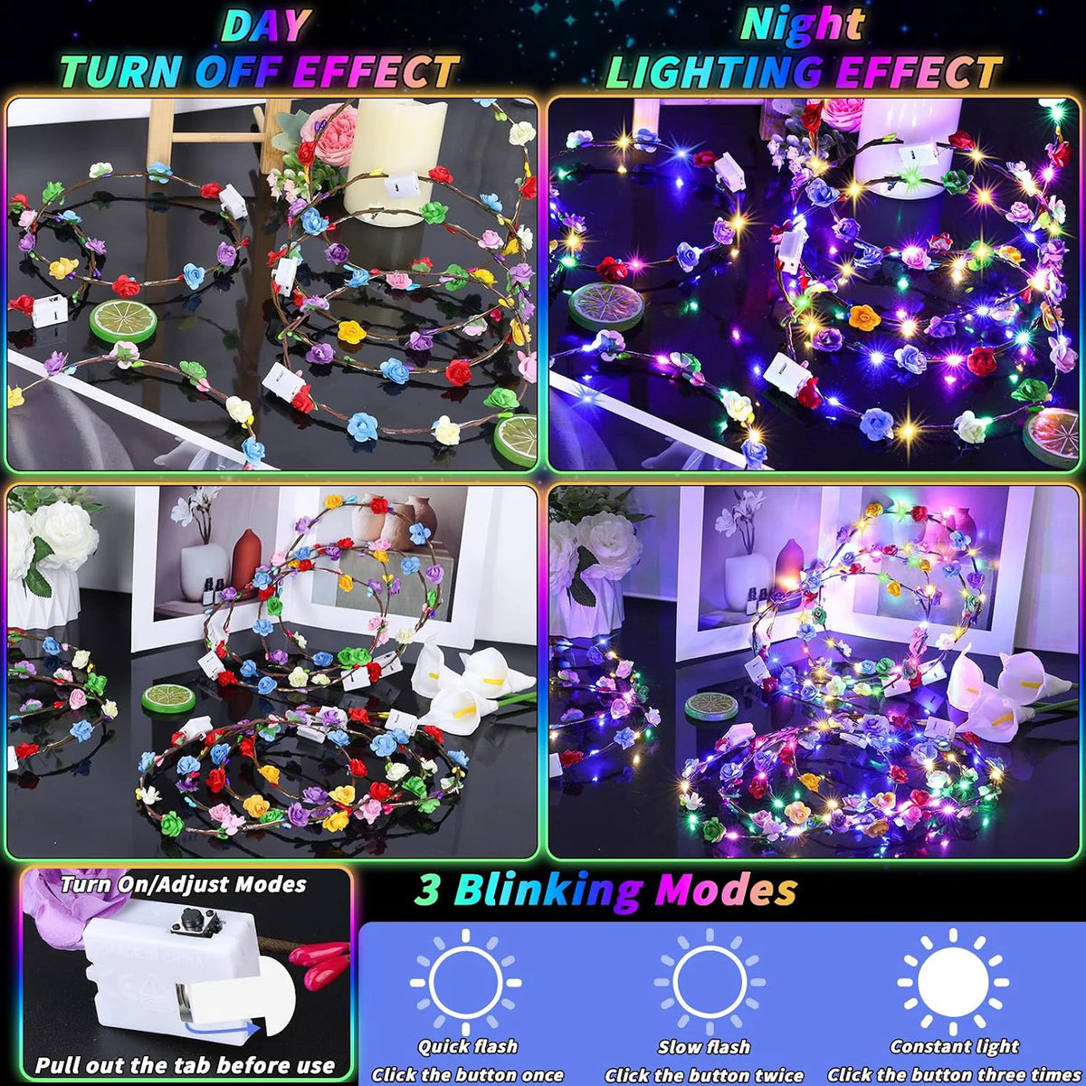 10-100Pcs LED Flower Headbands Glowing Garland Light Up Headbands Glow in the Dark Headband Wedding Beach Party Birthday Supplie