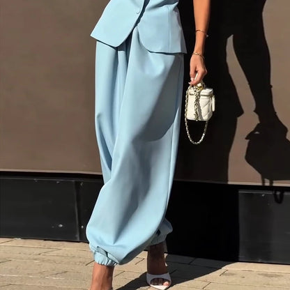 Elegant Short Sleeve Top Pants Set Women's Solid Single-breasted O Neck Waist-cinching Tops Loose Lantern Trousers 2026 Outfits