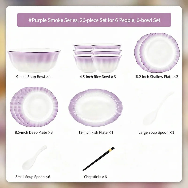 Kitchen Dishware Gift Box Set Gradient Purple Dishware Set Household French Ceramic Rice Bowls and Plates Set Household Smoky Purple Dyed Dishware