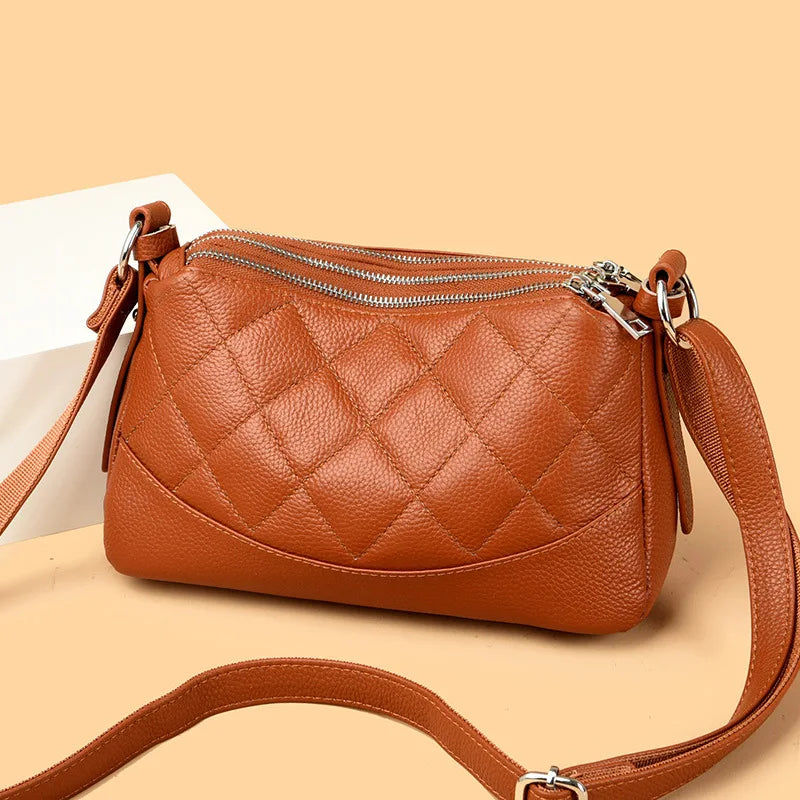 Real leather triple zipper women's large capacity shoulder bag lightweight Rhombus commuting crossbody bag