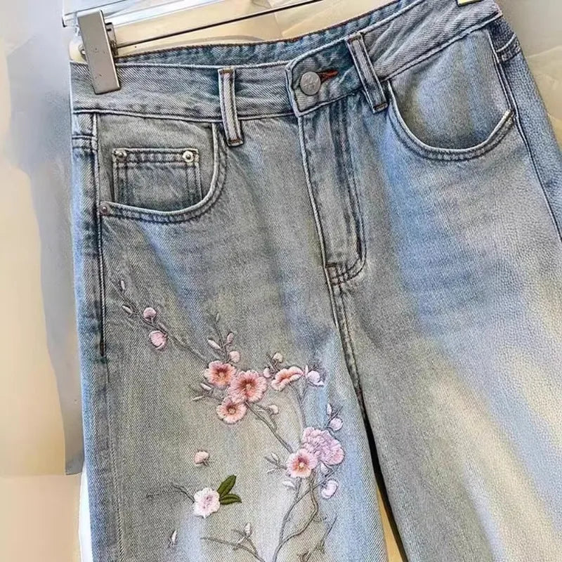 New Pink Flower Embroidered Jeans Women Spring  Autumn High Waist Fashion Slim Wide-Leg Pants Embroidered Straight Pant