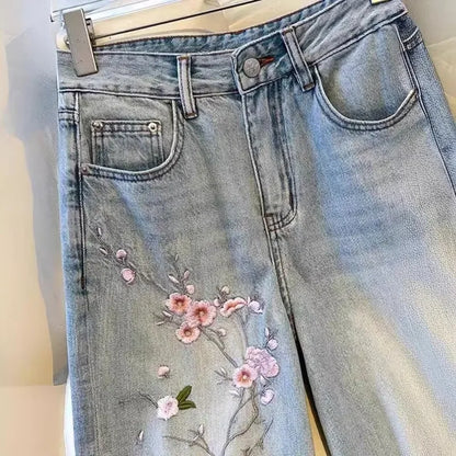 New Pink Flower Embroidered Jeans Women Spring  Autumn High Waist Fashion Slim Wide-Leg Pants Embroidered Straight Pant
