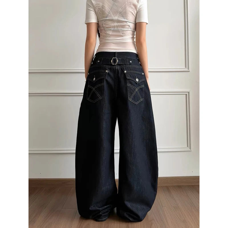 YIBASHU Women Jean Baggy Black Wide Fit Denim Pants Boyfriend Punk Grunge Y2K Japanese Harajuku 2000s High Street American Retro
