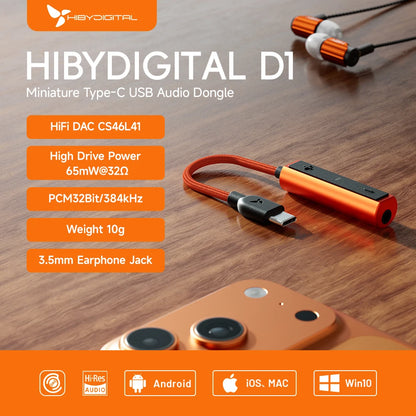 HiBy Digital D1 Type C HiFi Audio Dongle USB DAC Headphone AMP PCM32Bit/384kHz 3.5mm Output CS46L41 Sound Card for Android Win10