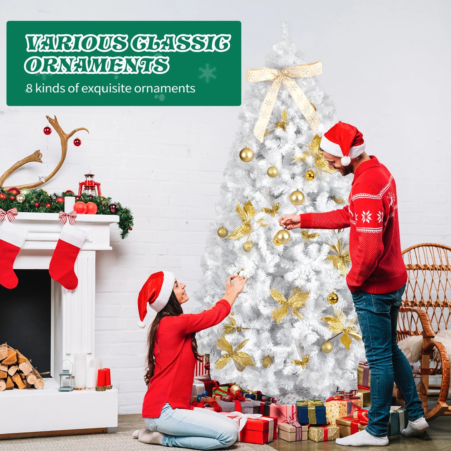7.5FT White Pre‑lit Artificial Christmas Tree, Hinged Xmas Tree with 400 Warm White LED Lights Remote Control, 1600 Branch Tips with Tree Skirt Bow Gold Ornaments for Home Holiday Decor